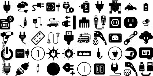Big Collection Of Plug Icons Bundle Linear Concept Signs Icon, Mains Outlet, Outlet, Symbol Pictograms Isolated On Transparent Background