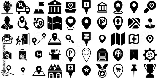 Massive Set Of Place Icons Set Solid Infographic Silhouettes Icon, Mark, Symbol, Note Symbol Vector Illustration