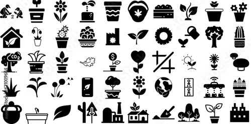 Massive Set Of Plant Icons Collection Flat Concept Symbol Set, Contamination, Global, Sweet Silhouette Isolated On White Background