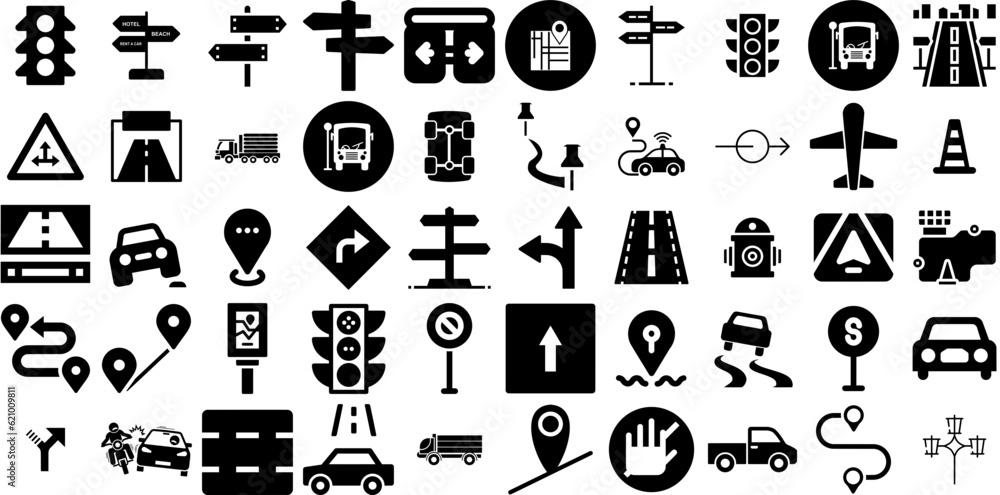 Huge Collection Of Road Icons Collection Black Modern Glyphs Distant, Icon, Way, Pointer Glyphs Isolated On Transparent Background - obrazy, fototapety, plakaty 