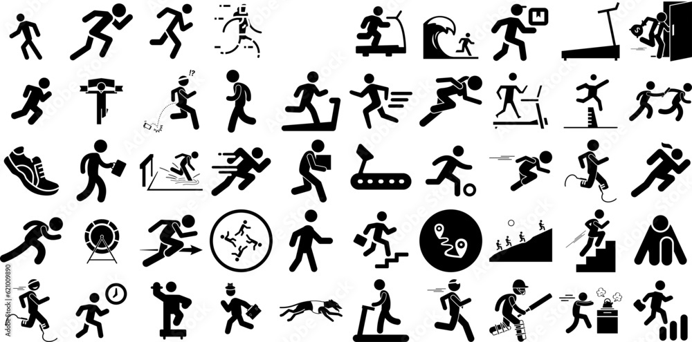 Big Set Of Running Icons Bundle Hand-Drawn Solid Drawing Web Icon Treadmill, Jumping, Icon, Physical Exercise Pictogram Isolated On White