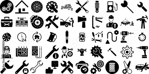 Mega Collection Of Repair Icons Bundle Hand-Drawn Solid Vector Symbols Tool, Icon, Problem, Wheel Pictogram For Computer And Mobile