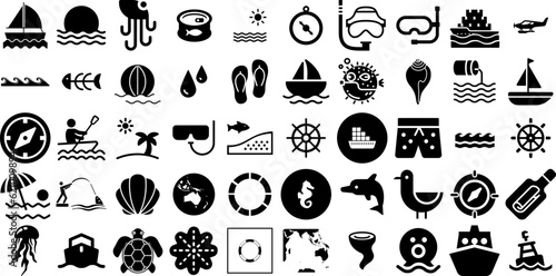 Mega Set Of Sea Icons Pack Isolated Infographic Pictogram Icon, Creature, Anchor, Tortoise Graphic Vector Illustration