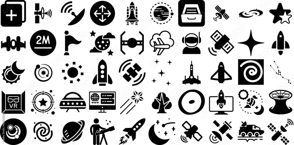 Huge Set Of Space Icons Pack Isolated Simple Symbol Spaceship, Icon, Orange, Plan Symbols Isolated On Transparent Background