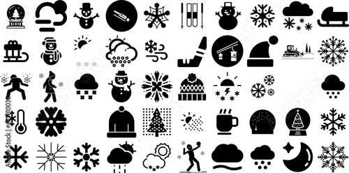 Massive Collection Of Snow Icons Pack Flat Design Signs Snowing, Symbol, Snowflake, Icon Pictograph Isolated On White Background
