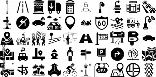 Huge Collection Of Street Icons Bundle Solid Concept Signs Traffic, Illustration, Street, Architecture Graphic For Computer And Mobile