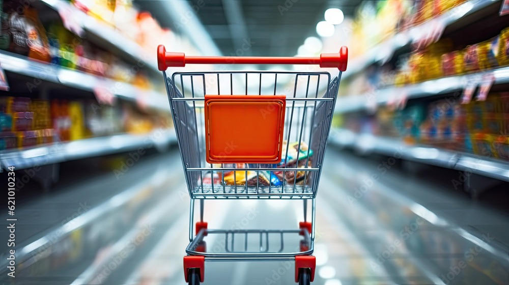 Supermarket aisle with empty red shopping cart Supermarket aisle with empty red shopping cart