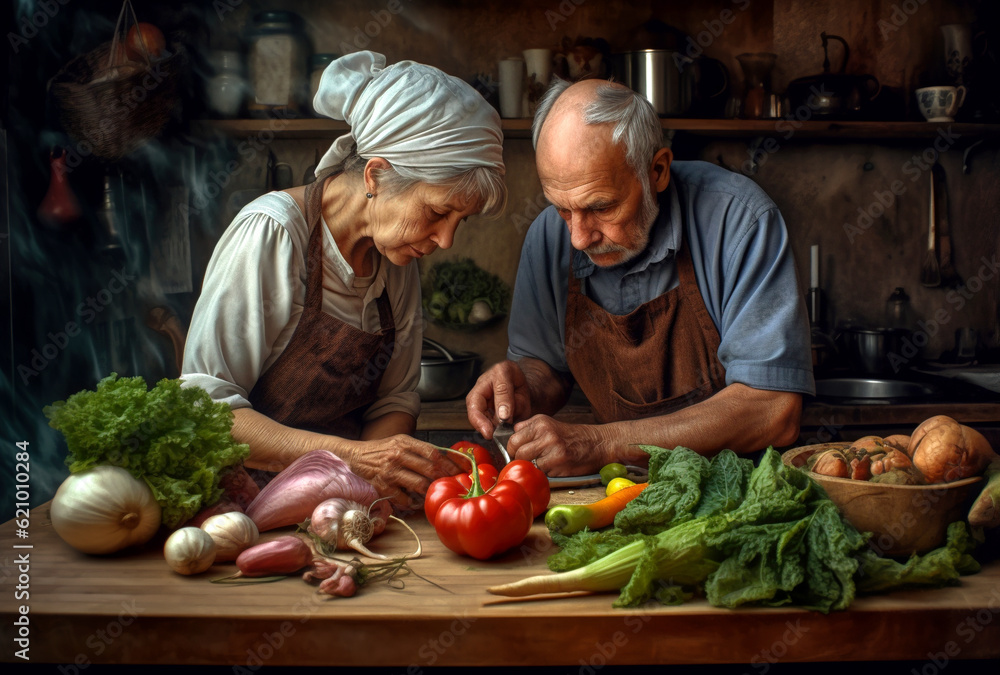 elderly couple cooking in the kitchen elderly couple cooking in the kitchen