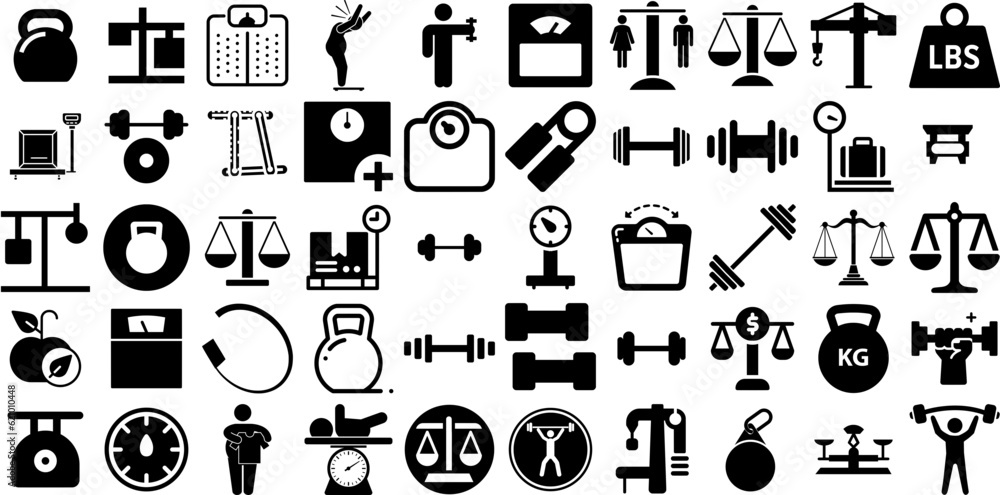 Mega Set Of Weight Icons Collection Hand-Drawn Linear Drawing Elements Heavy, Measurement, Icon, Overweight Signs Vector Illustration