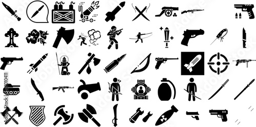 Massive Set Of Weapon Icons Set Black Vector Symbols Sword, Marketing, Icon, Tool Symbols Isolated On White photo