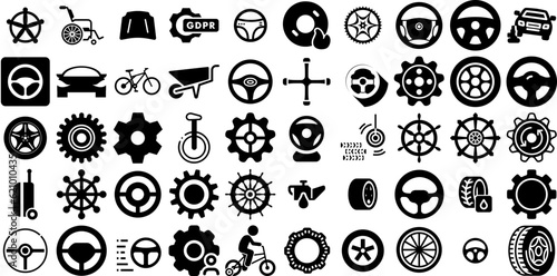 Huge Set Of Wheel Icons Bundle Solid Drawing Elements Wheel, Symbol, Icon, Tool Pictograms Isolated On Transparent Background