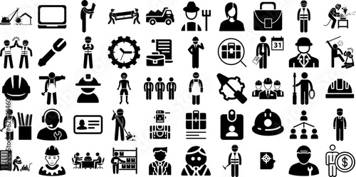 Mega Collection Of Worker Icons Collection Black Vector Web Icon Businessman, Businesswoman, Worker, Welfare Glyphs Isolated On Transparent Background