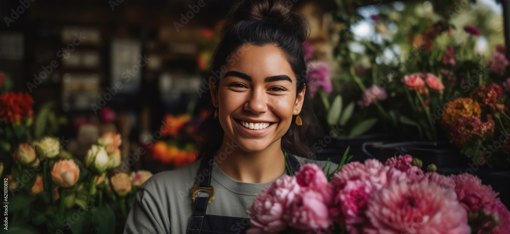 Joyful Florist Graced by Nature's Beauty at Her Shop Garden. Generative AI