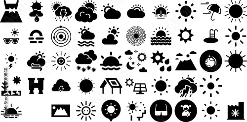 Big Collection Of Sun Icons Collection Black Drawing Symbols Set, Mark, Hand-Drawn, Sweet Symbol Isolated On White Background
