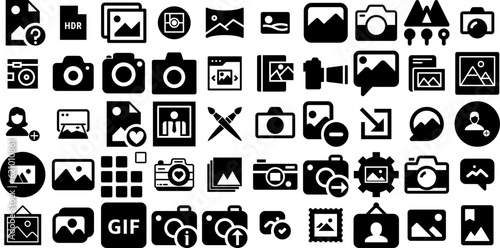 Huge Set Of Picture Icons Bundle Hand-Drawn Isolated Design Clip Art Symbol, Photo Camera, Music, Icon Illustration Isolated On White Background