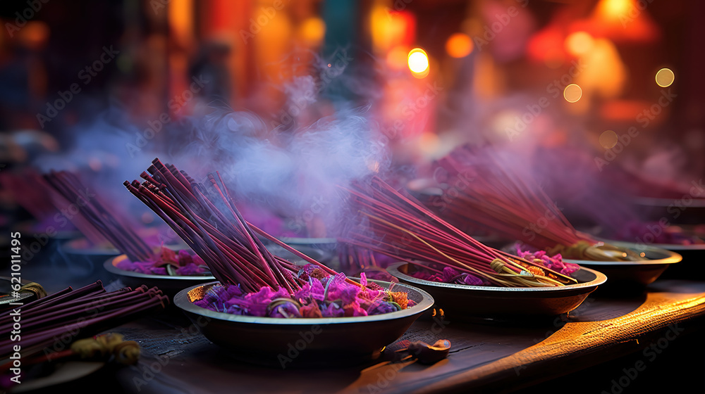 Incense sticks, Chinese moon festival, Georgetown, Penang, Malaysia. Generative Ai