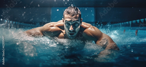 Athletic Triathlete Perfecting Swimming Technique in Wave Pool. Generative AI photo