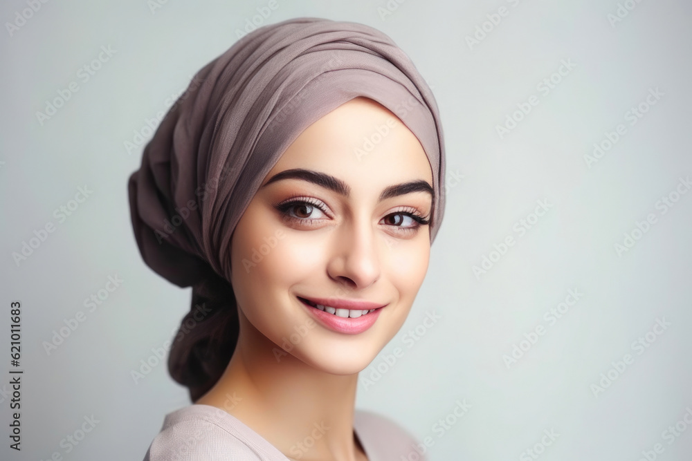 Joyful Young Muslim Woman in Traditional Hijab Poses for a Portrait. Generative AI Joyful Young Muslim Woman in Traditional Hijab Poses for a Portrait. Generative AI