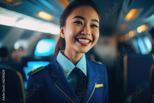 Gorgeous Air Hostess Embracing Passenger Satisfaction. Generative AI