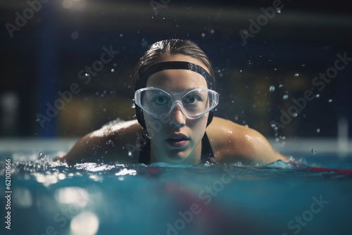 Speedy young swimmer making waves in a competition pool. Generative AI © Andrii 