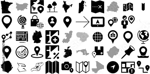 Big Set Of Map Icons Set Hand-Drawn Black Modern Pictograms Orientation, Three-Dimensional, Pointer, Mark Glyphs Vector Illustration