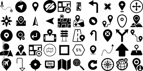 Big Collection Of Navigation Icons Pack Hand-Drawn Black Concept Pictograms Symbol, Icon, Pointer, Option Silhouettes Vector Illustration