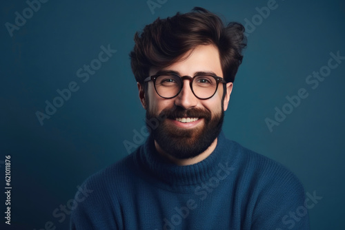 Happy man with beard and trendy glasses, exuding confidence in a casual sweater. Generative AI