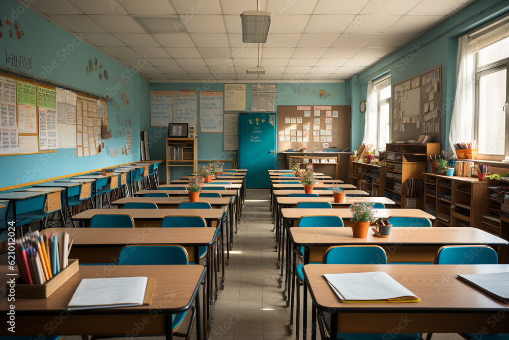 Wide shot of an empty classroom, showcasing rows of desks and a teacher's podium, empty classroom, School, Back to School Generative AI