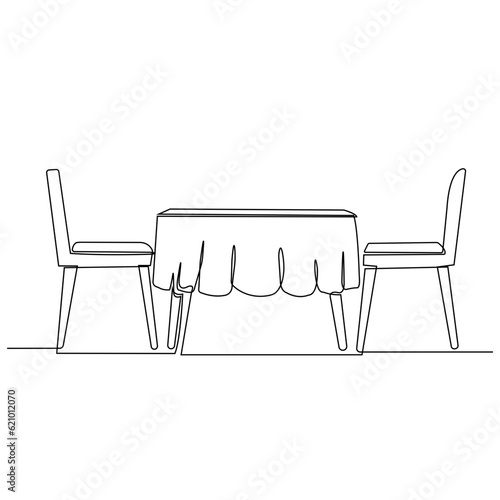Table with office chairs. Continuous One line drawing art. Isolated vector illustration. Hand drawn contour on white background
