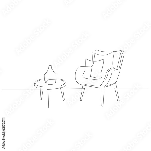 Continuous single one line art drawing of aesthetic modern minimalist cozy sofa chair vector illustration,Scandinavian stylish furniture in simple Linear style. Doodle vector illustration