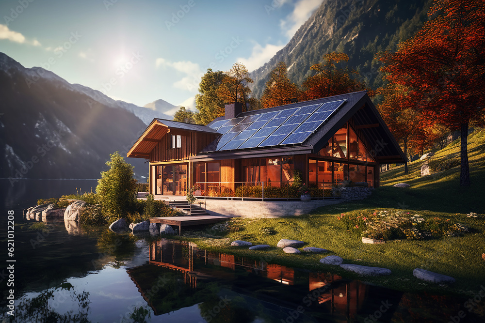 Fototapeta premium House roof solar panel Generative ai. Eco-friendly home solar panels sustainability created.