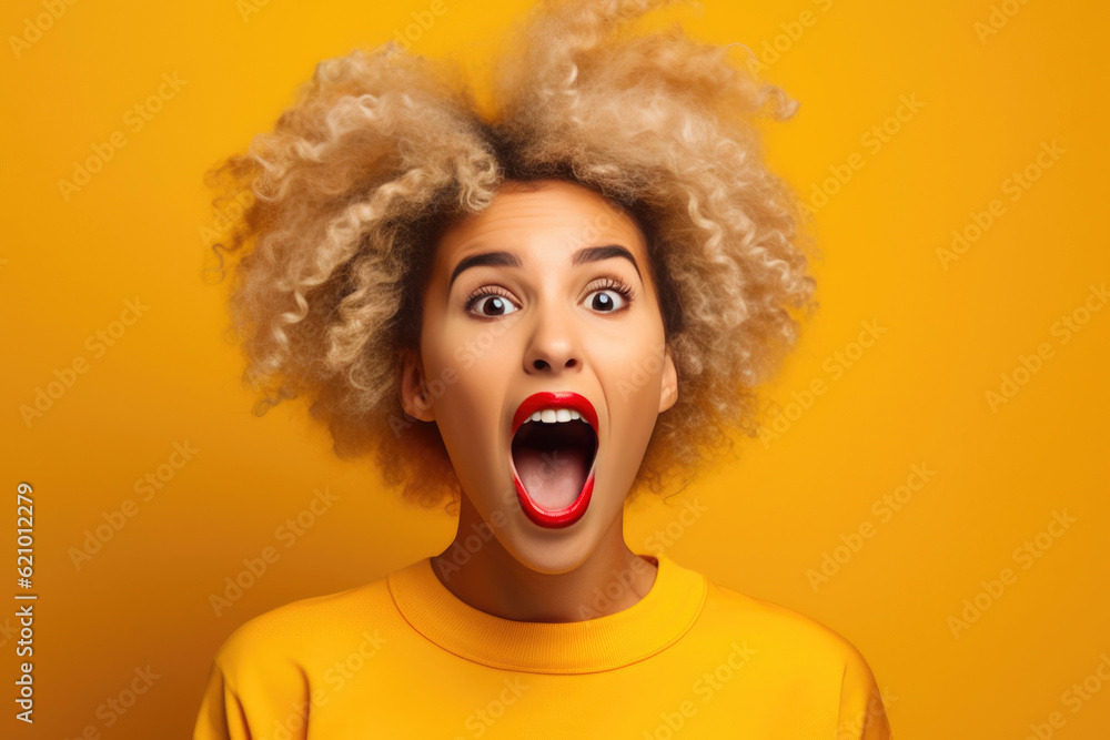 Vibrant portrait of a jubilant woman standing alone on yellow background. Generative AI Vibrant portrait of a jubilant woman standing alone on yellow background. Generative AI