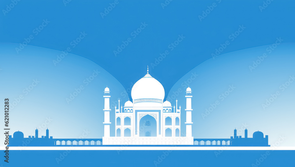 Taj mahal on a blue background in white calligraphy.