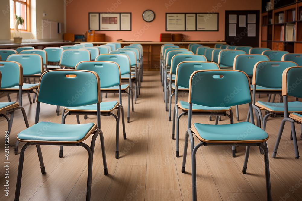 Wide shot of an empty classroom with chairs stacked on desks, indicating the end of the school day, empty classroom, School, Back to School Generative AI Wide shot of an empty classroom with chairs stacked on desks, indicating the end of the school day, empty classroom, School, Back to School Generative AI