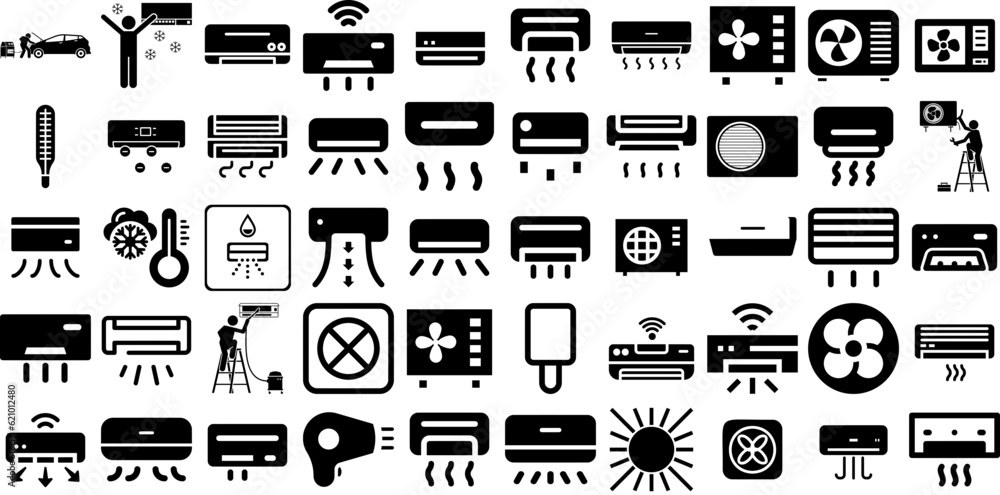 Big Collection Of Conditioner Icons Pack Hand-Drawn Black Cartoon Symbols Air Conditioning, Set, Turbine, Icon Signs Isolated On Transparent Background