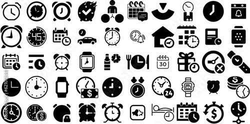 Mega Collection Of Clock Icons Pack Hand-Drawn Linear Simple Glyphs Outline, Global, Line, Set Glyphs For Computer And Mobile