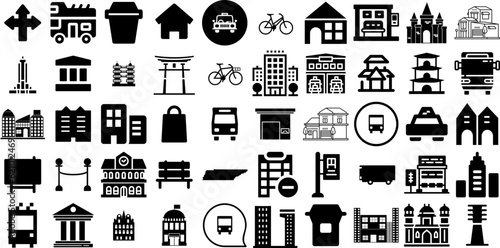 Huge Collection Of City Icons Collection Hand-Drawn Solid Simple Clip Art Glyphs  Icon  Building Exterior  Municipal Graphic Vector Illustration