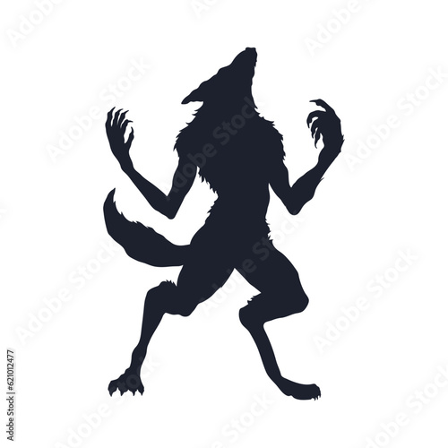Black silhouette of werewolf. Halloween legendary monster. Isolated scary wolf drawing. Fantasy wolfman clipart photo