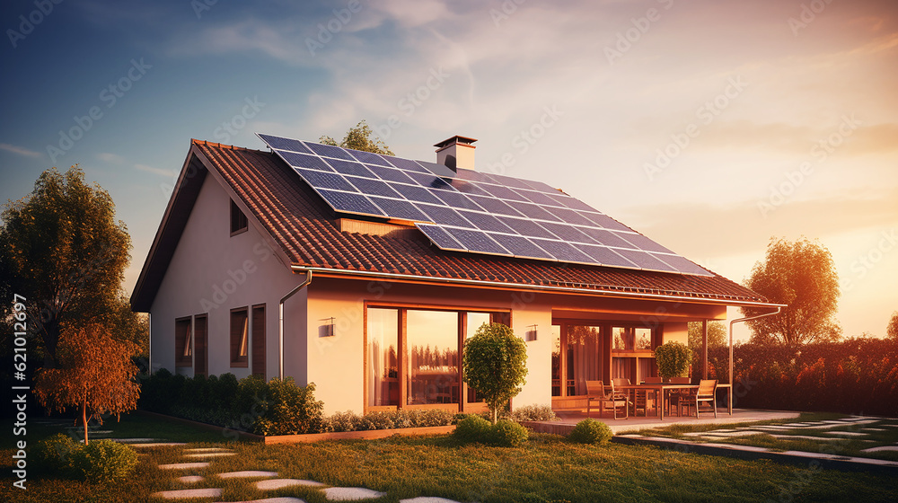 House roof solar panel Generative ai. Eco-friendly home solar panels sustainability created.
