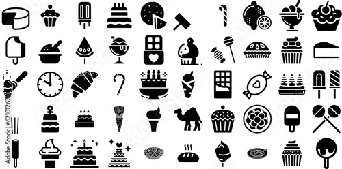 Massive Collection Of Dessert Icons Set Hand-Drawn Solid Cartoon Silhouette Chinese  Cherry  Donut  Icon Pictogram Isolated On White Background