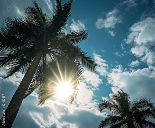 Coconut palm trees with sunbeams on blue sky background. High quality photo © oksa_studio