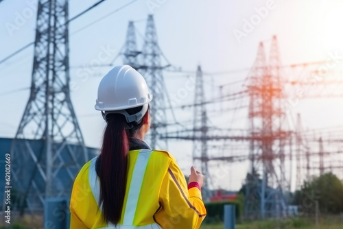 Professional Female Engineer Overseeing Electric Power Station. Generative AI