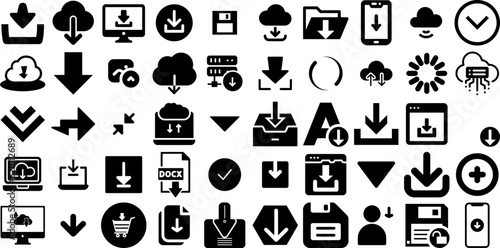 Big Set Of Download Icons Collection Hand-Drawn Solid Design Pictograms Icon, Symbol, Web, Saved Pictogram For Computer And Mobile