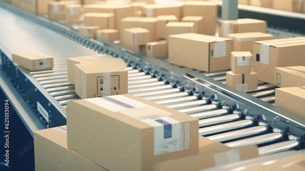 Cardboard Boxes on Conveyor Belt: Warehouse Scene. Generative AI Cardboard Boxes on Conveyor Belt: Warehouse Scene. Generative AI