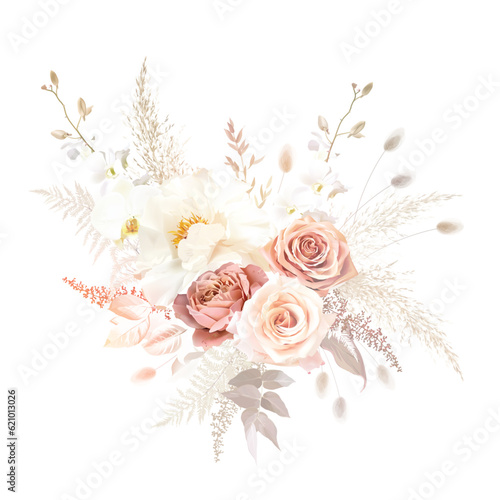 Gold, blush pink, beige, white rose, peony, orchid, ranunculus flower, lagarus, pampas grass