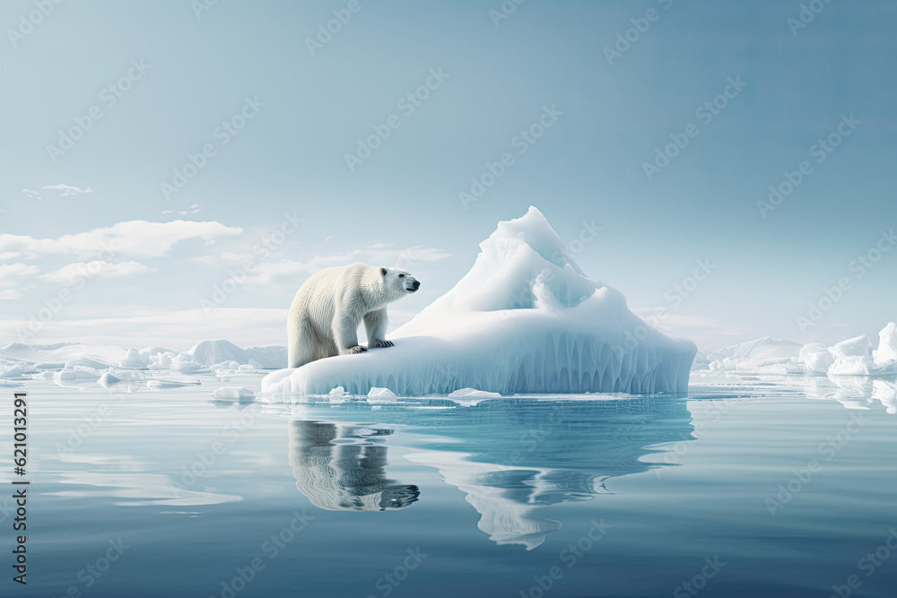 Polar bear on the ice floe. Melting iceberg and global