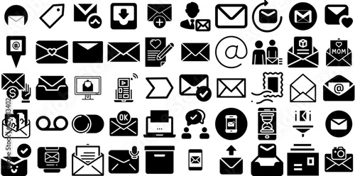 Big Collection Of Mail Icons Pack Black Concept Silhouettes Finance, Correspondence, Mark, Steal Symbol Vector Illustration