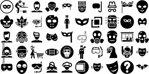 Massive Set Of Mask Icons Collection Black Vector Signs Symbol, Aid, Weld, Icon Pictograms For Apps And Websites