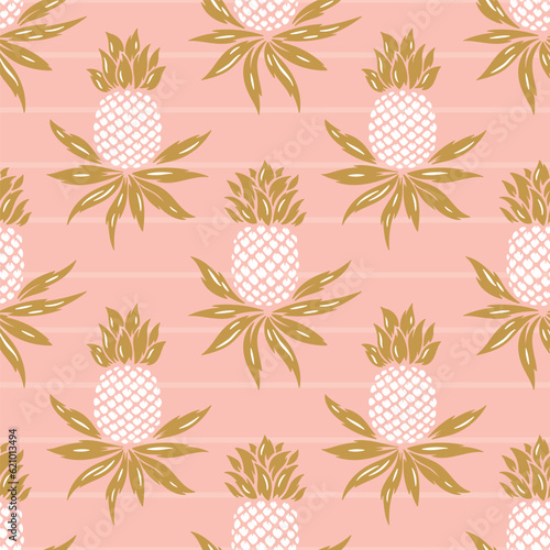 Pineapples Seamless Striped Pattern. Floral Summer Pink Vintage Background with White Pineapple Tropical Fruit and Golden Leaves. Vector Illustration.