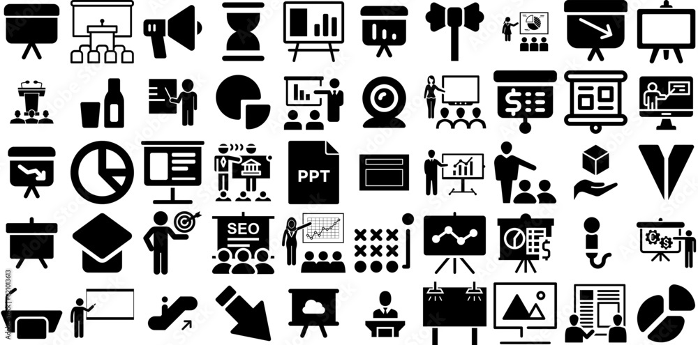 Mega Set Of Presentation Icons Set Linear Vector Silhouette Infographic, Circle, Icon, Curve Pictogram Isolated On Transparent Background